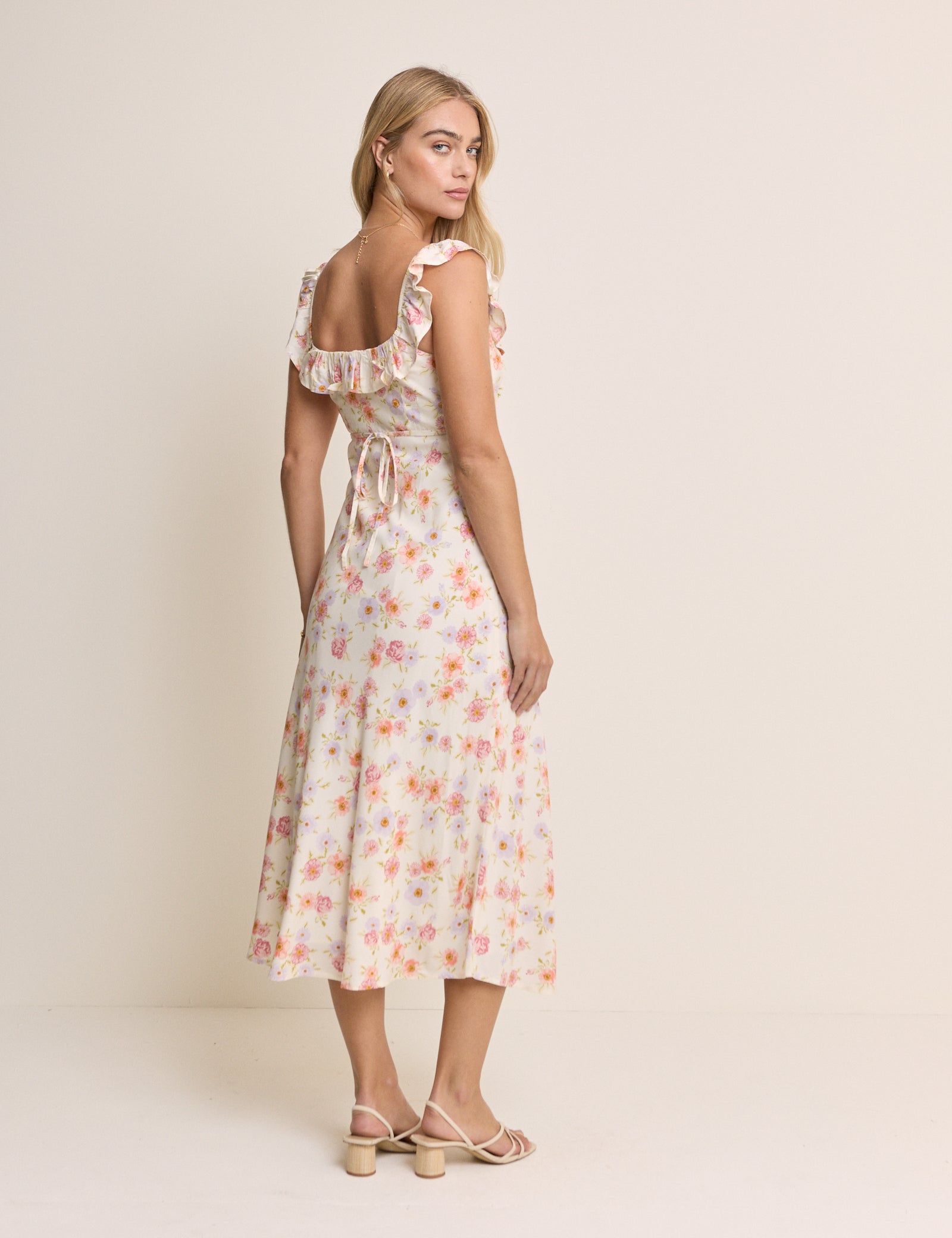 Cream Floral Ruffle Trim Libby Midi Dress