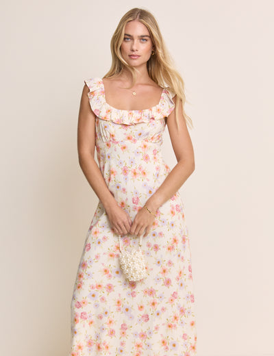 Cream Floral Ruffle Trim Libby Midi Dress