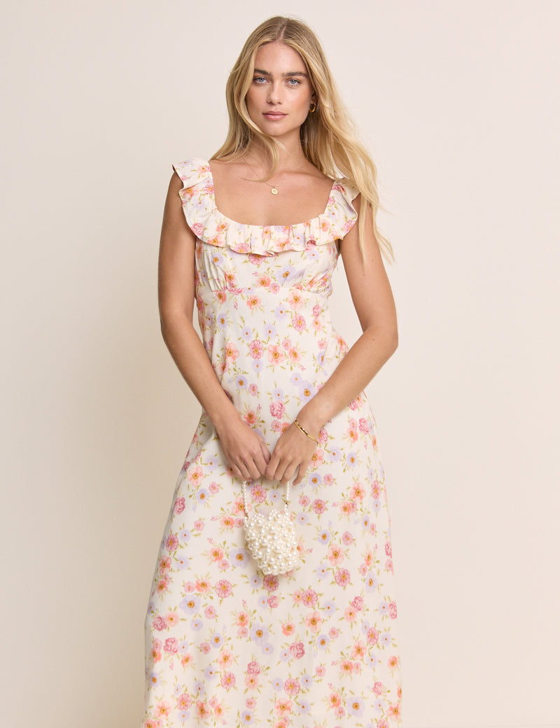 Cream Floral Ruffle Trim Libby Midi Dress