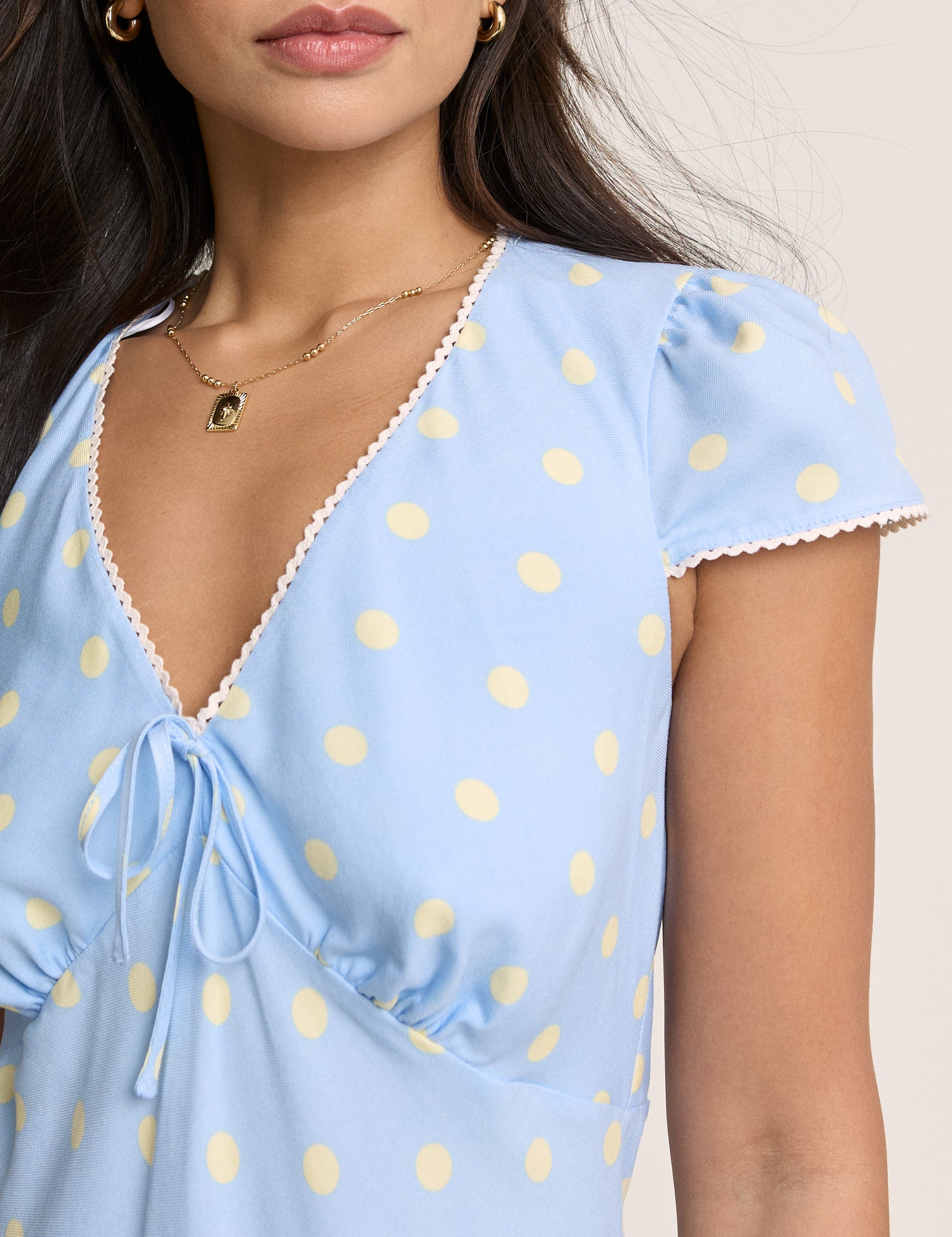 Blue Polka Dot Lace Trim Rosa Mini Dress Blue Polka Dot Lace Trim Rosa Mini Dress