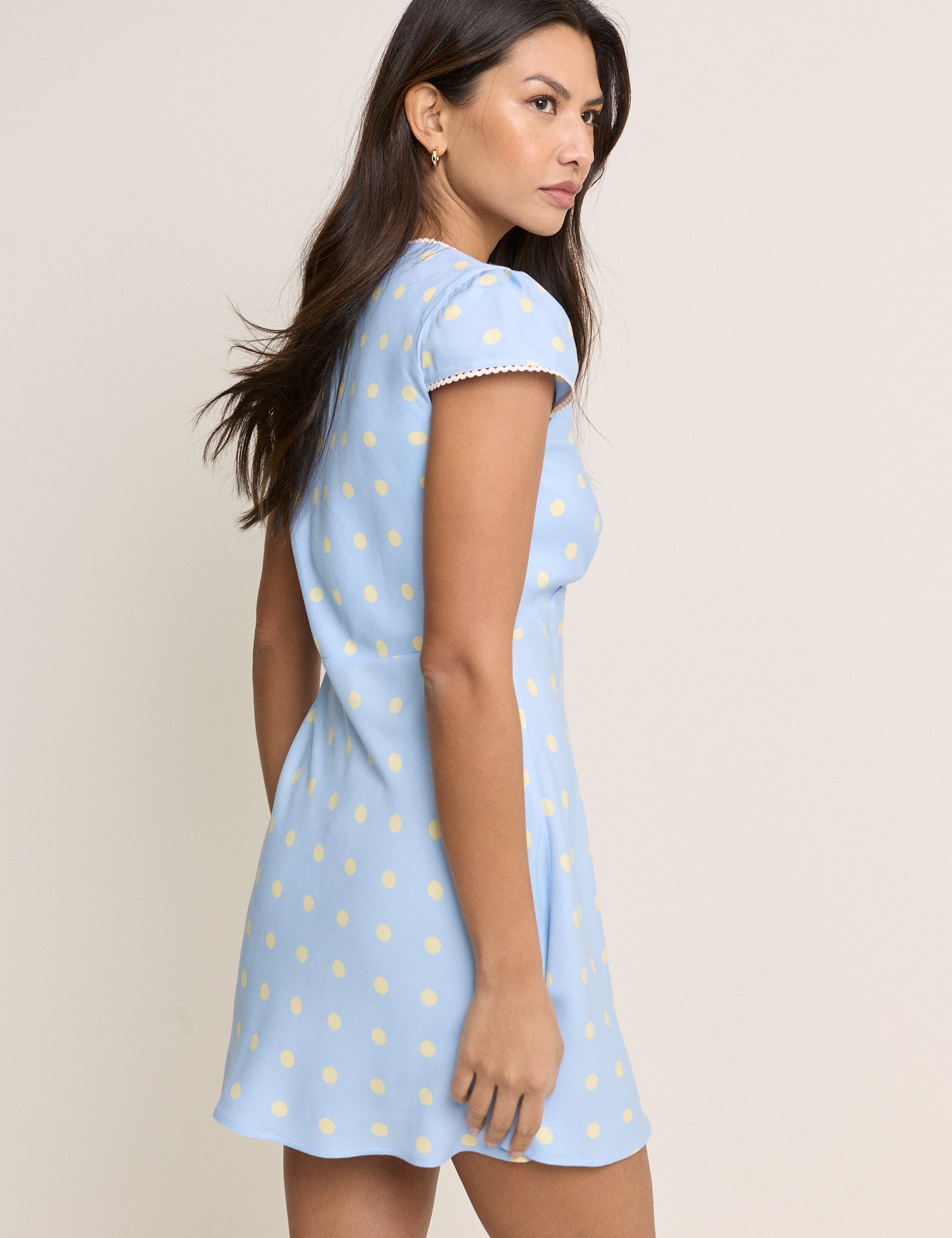 Blue Polka Dot Lace Trim Rosa Mini Dress