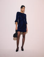 Navy Ruffle Hem Velvet Fleur Mini Dress
