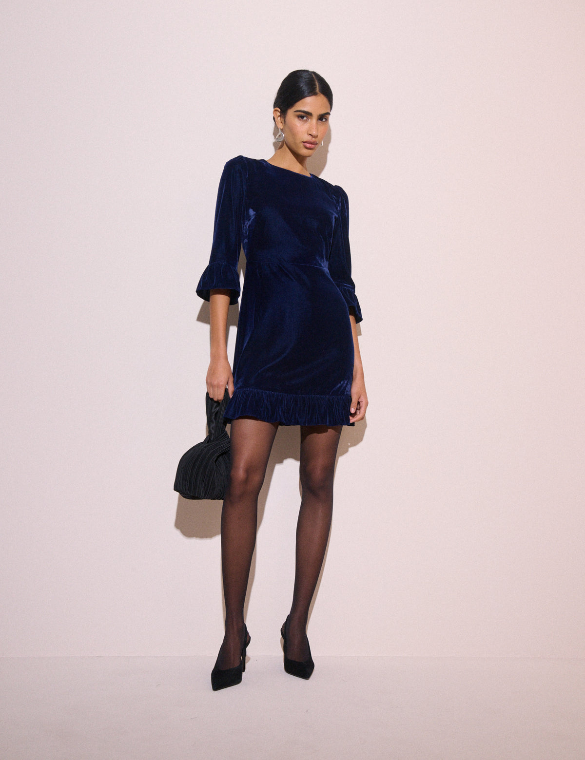 Navy Ruffle Hem Velvet Fleur Mini Dress