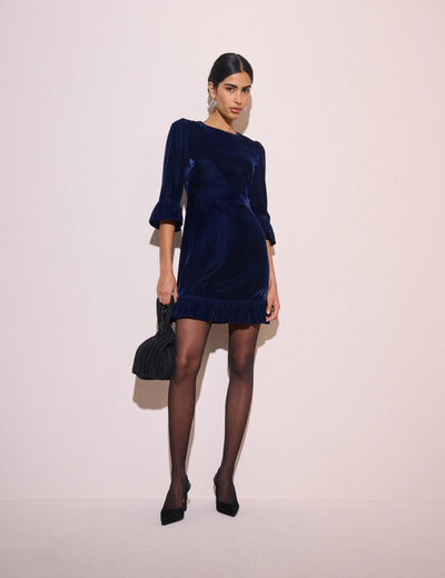 Navy Ruffle Hem Velvet Fleur Mini Dress