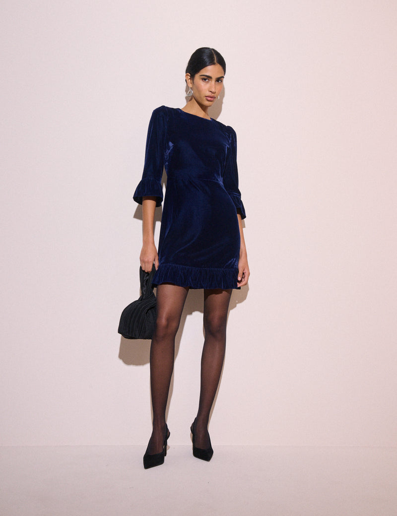 Navy Ruffle Hem Velvet Fleur Mini Dress