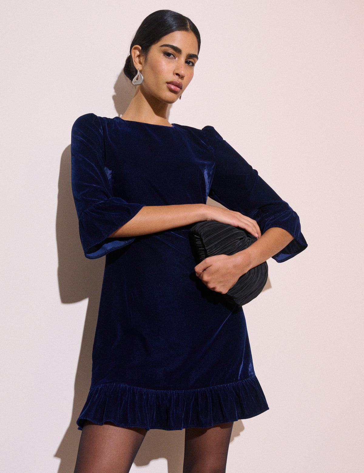 Navy Ruffle Hem Velvet Fleur Mini Dress