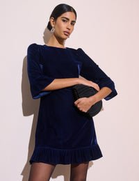 Navy Ruffle Hem Velvet Fleur Mini Dress