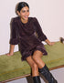 Brown Ruffled Hem Velvet Fleur Mini Dress