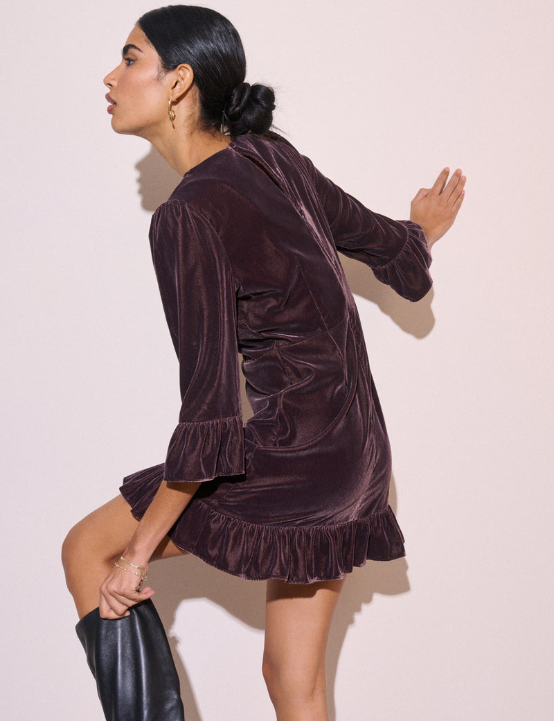 Brown Ruffled Hem Velvet Fleur Mini Dress