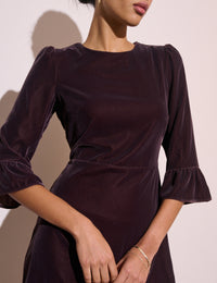 Brown Ruffled Hem Velvet Fleur Mini Dress