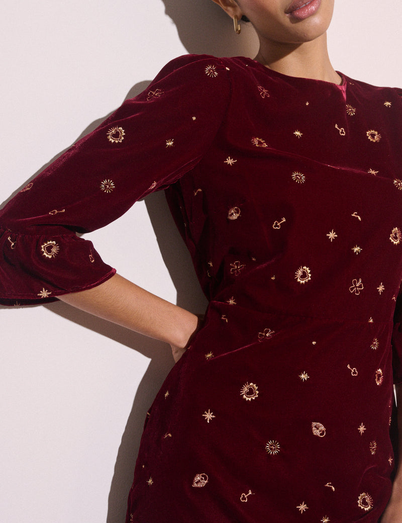 Burgundy Celestial Embroidered Fleur Mini Dress