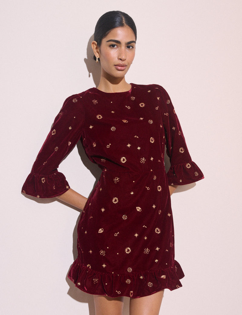 Burgundy Celestial Embroidered Fleur Mini Dress