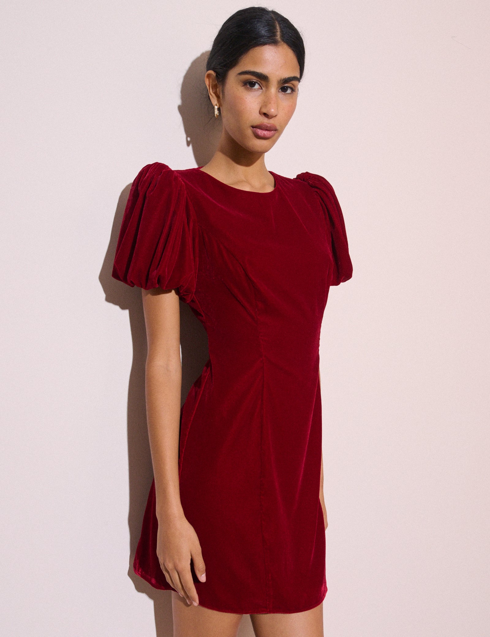 Red Puff Sleeve Velvet Boston Mini Dress