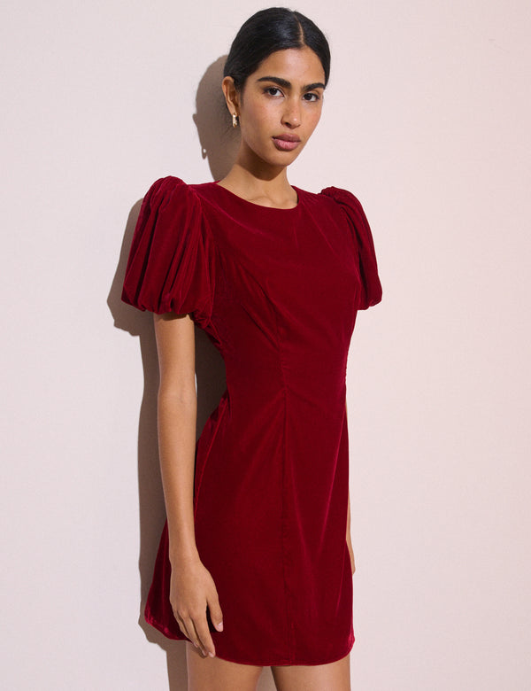 Red Puff Sleeve Velvet Boston Mini Dress