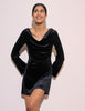Black velvet cowl neck mini dress with long sleeves
