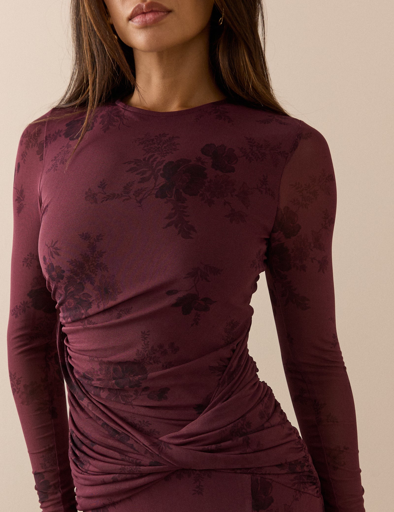 Burgundy Floral Long Sleeve Ruched Tammy Midi Dress