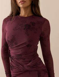 Burgundy Floral Long Sleeve Ruched Tammy Midi Dress