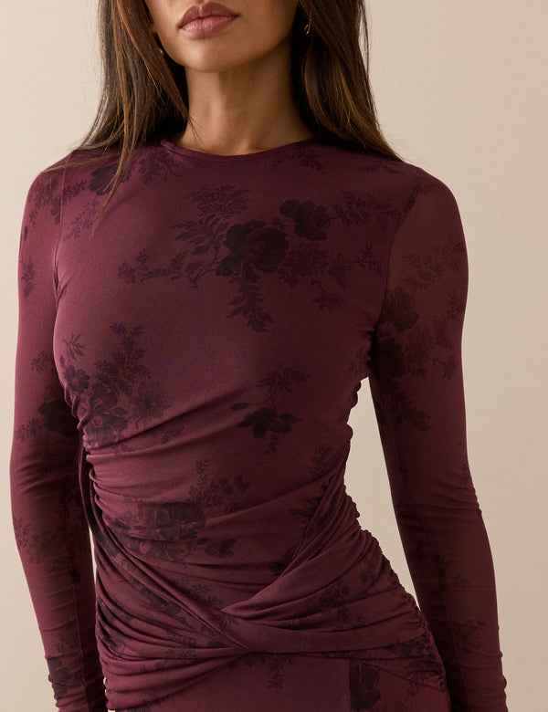 Burgundy Floral Long Sleeve Ruched Tammy Midi Dress