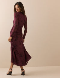 Burgundy Floral Long Sleeve Ruched Tammy Midi Dress