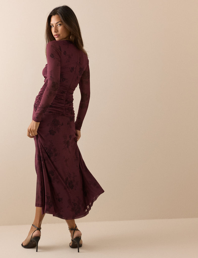 Burgundy Floral Long Sleeve Ruched Tammy Midi Dress