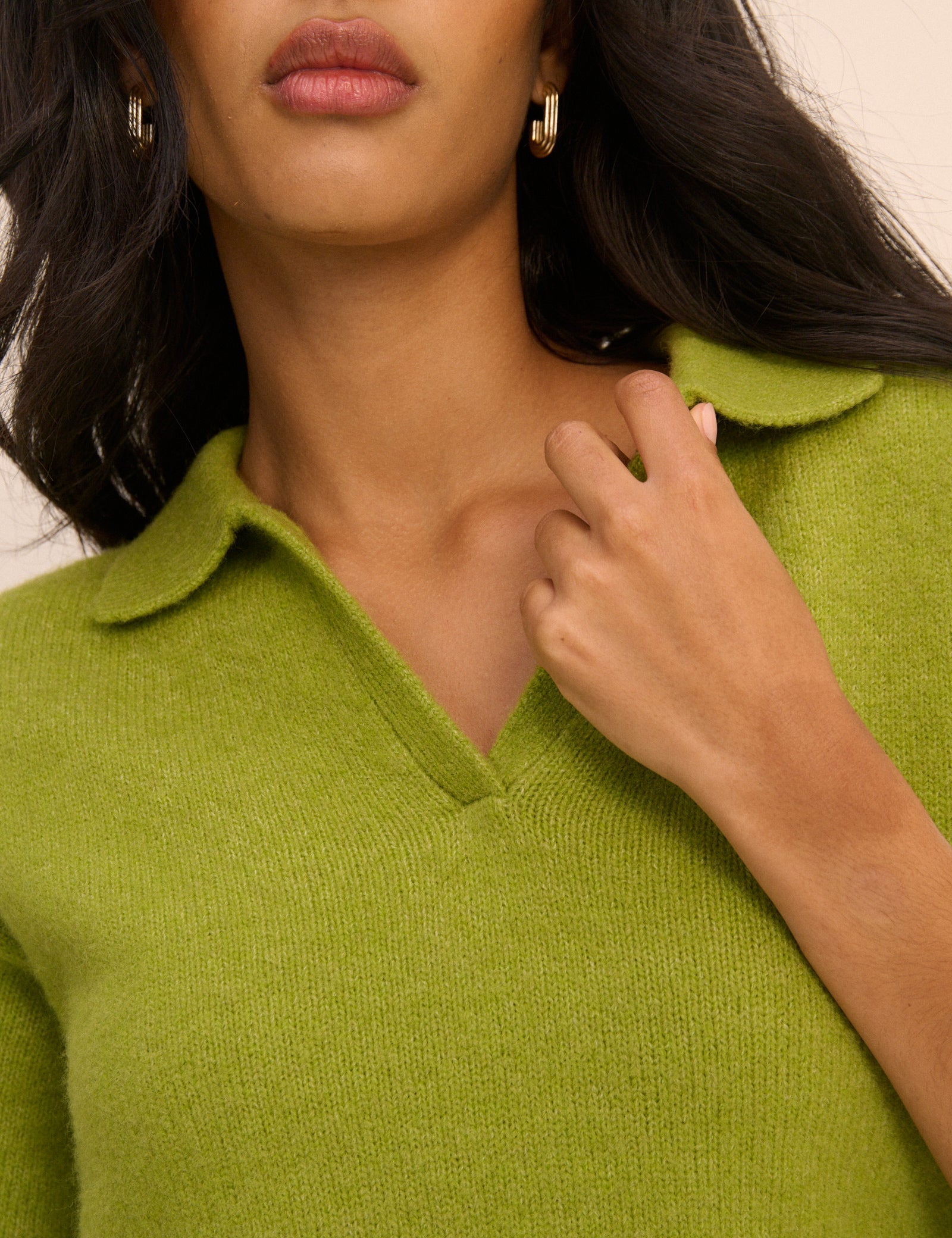 Green Open Collar Polo Knitted Top