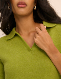 Green Open Collar Polo Knitted Top