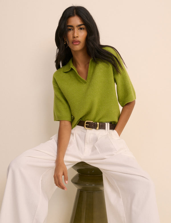 Green Open Collar Polo Knitted Top