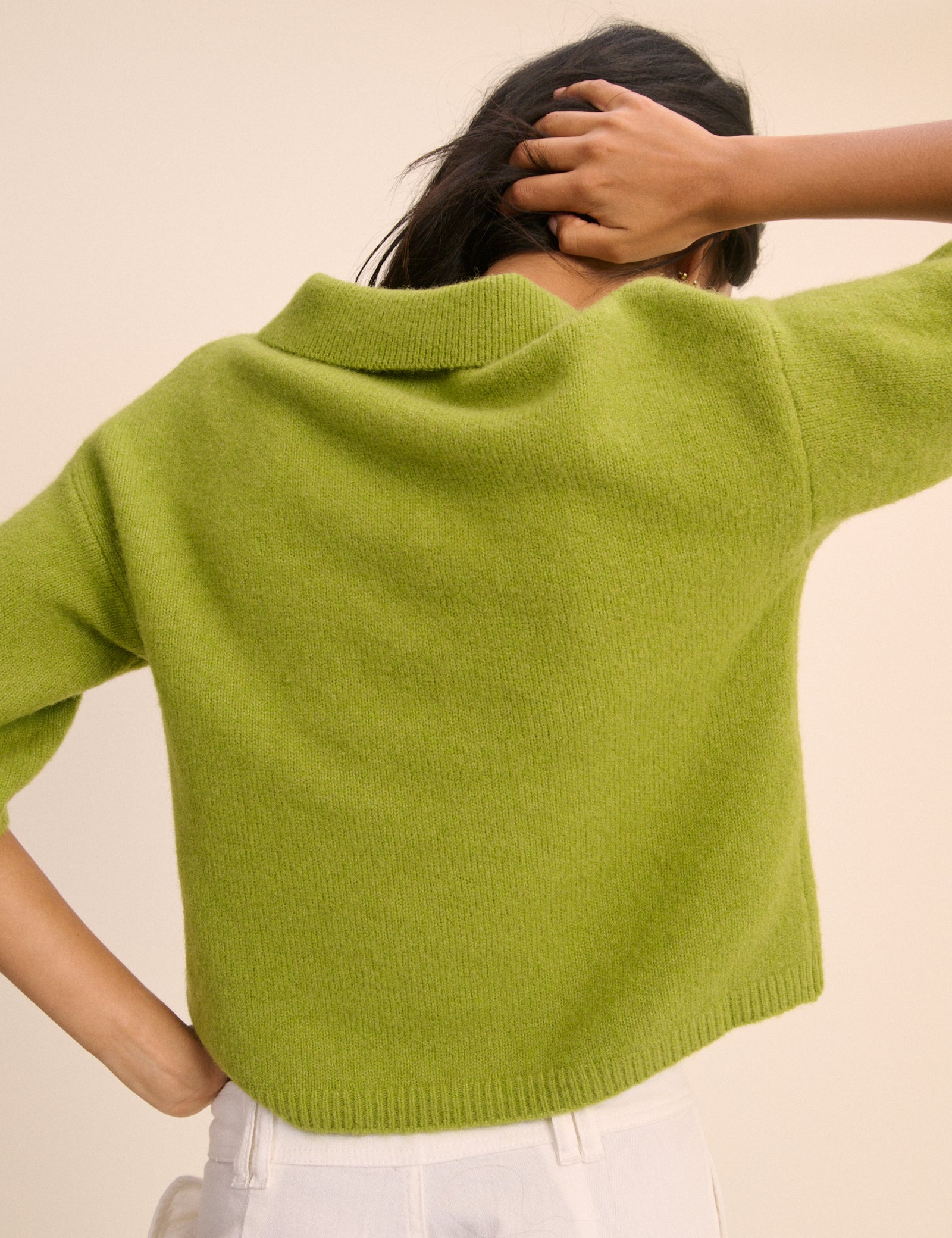 Green Open Collar Polo Knitted Top