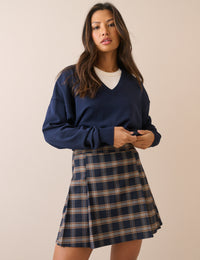 Navy Tartan Check Pleated Mini Skirt