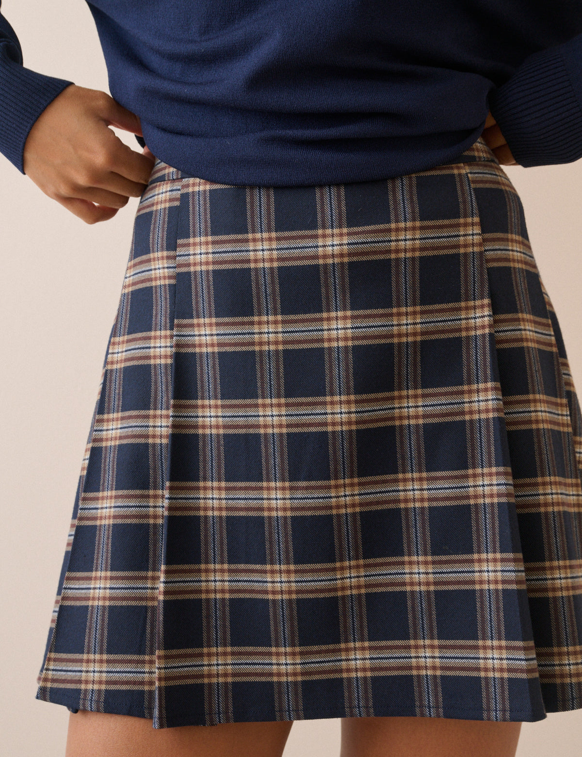 Navy Tartan Check Pleated Mini Skirt
