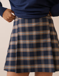 Navy Tartan Check Pleated Mini Skirt