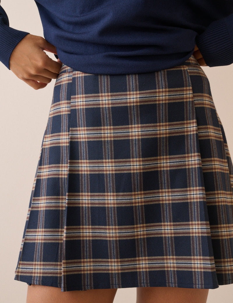 Navy Tartan Check Pleated Mini Skirt
