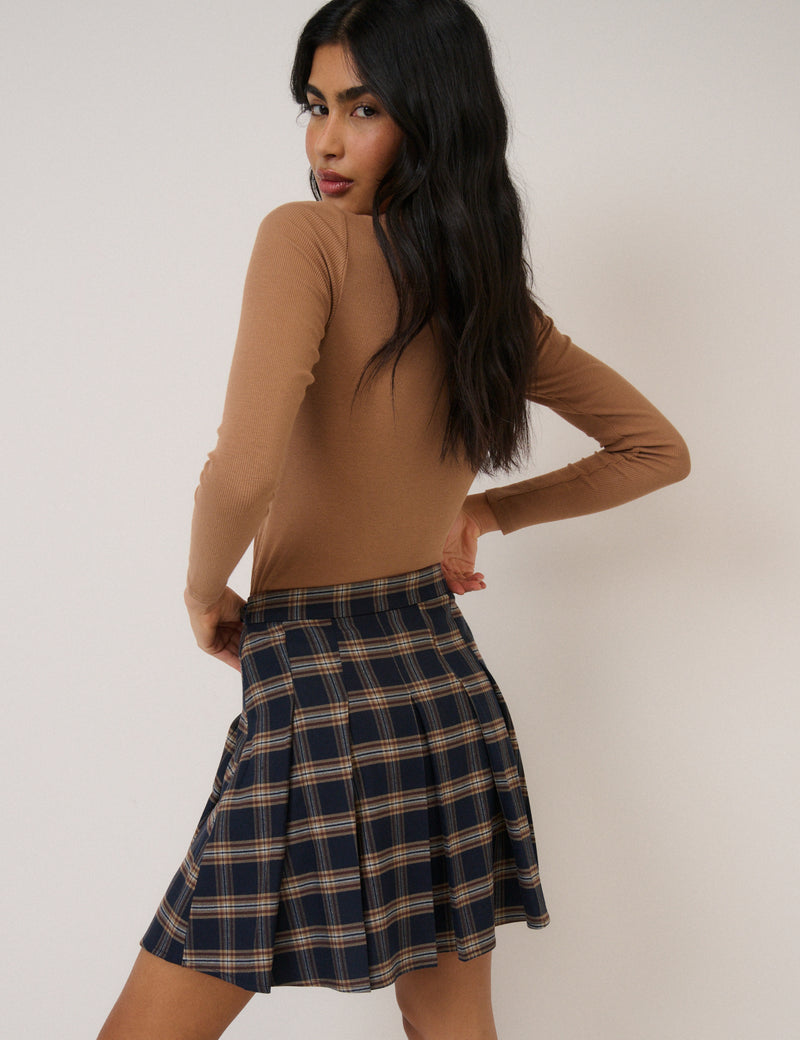 Navy Tartan Check Pleated Mini Skirt