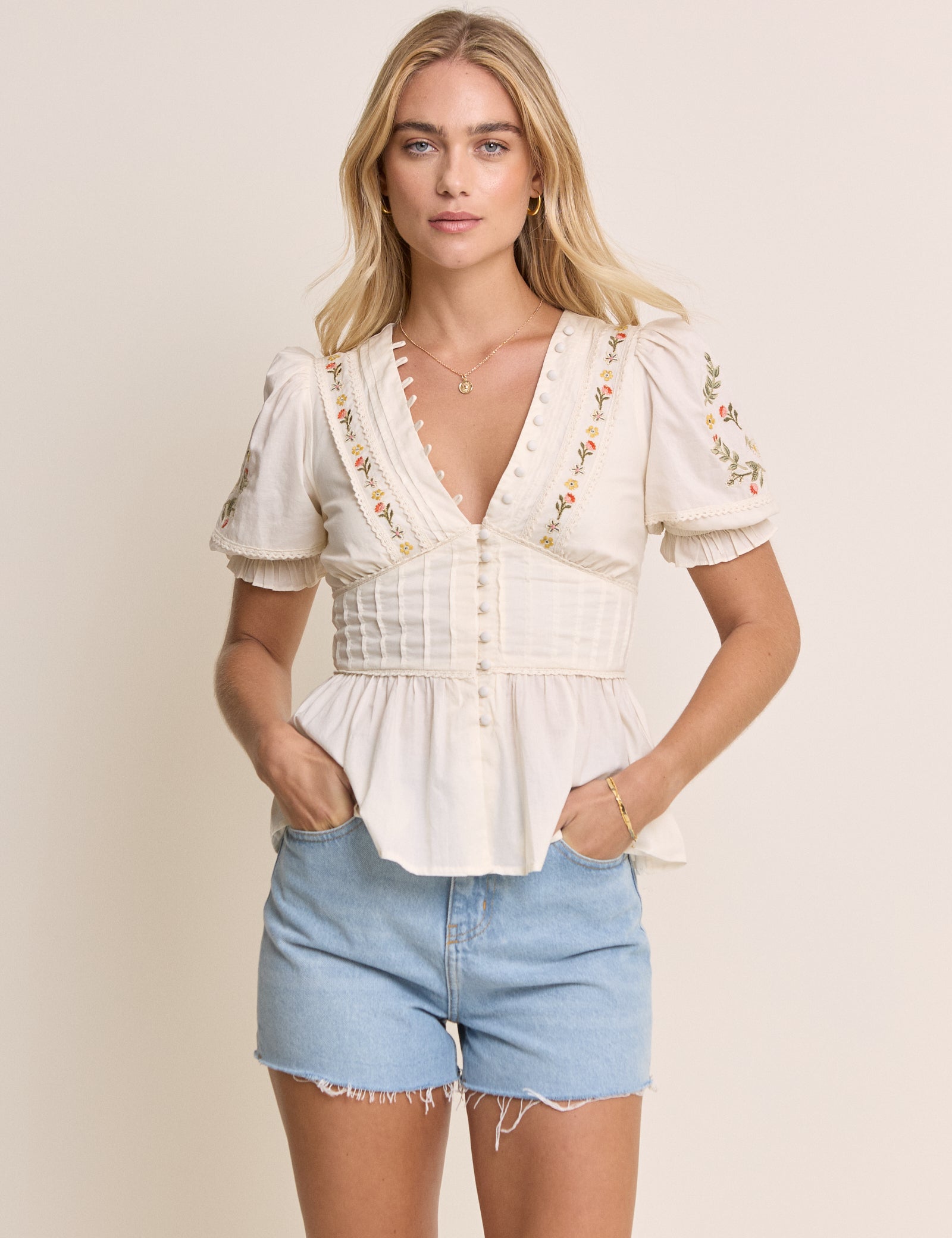 White Embroidered Puff Sleeve Peplum Top
