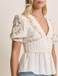 White Embroidered Puff Sleeve Peplum Top