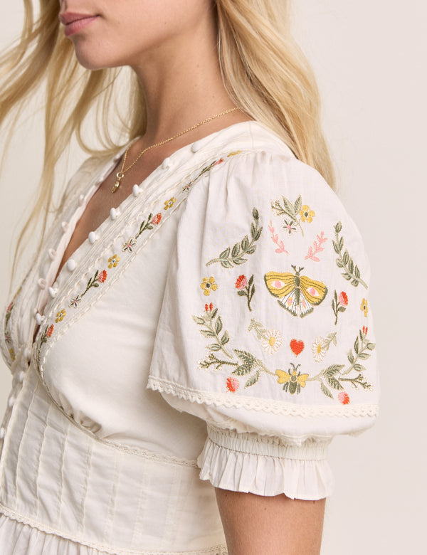 White Embroidered Puff Sleeve Peplum Top