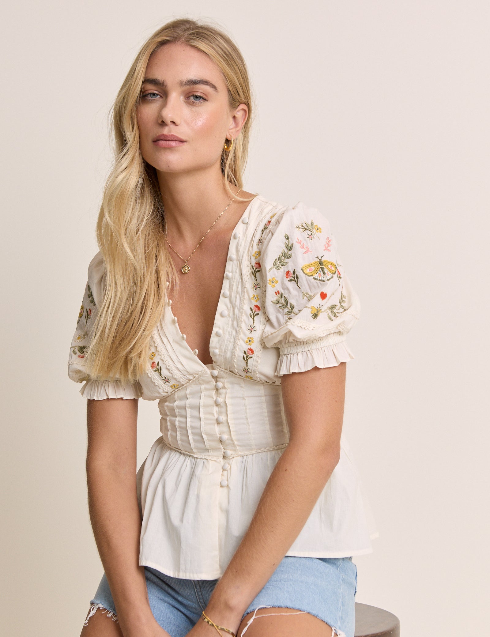 White Embroidered Puff Sleeve Peplum Top