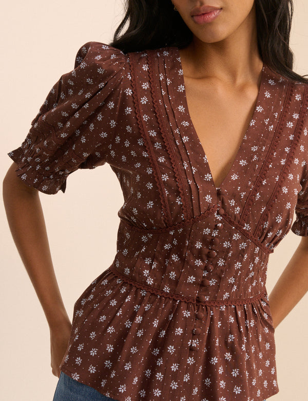 Brown Ditsy Floral Puff Sleeve Seren Blouse