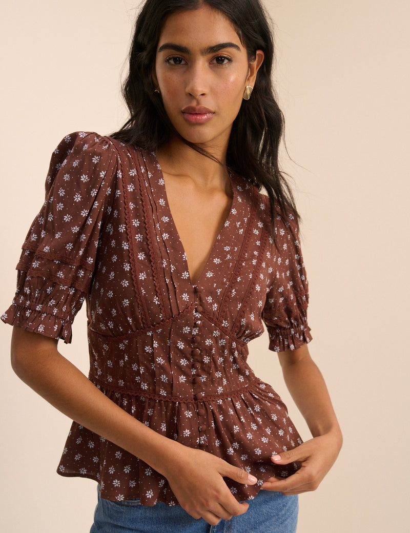 Brown Ditsy Floral Puff Sleeve Seren Blouse