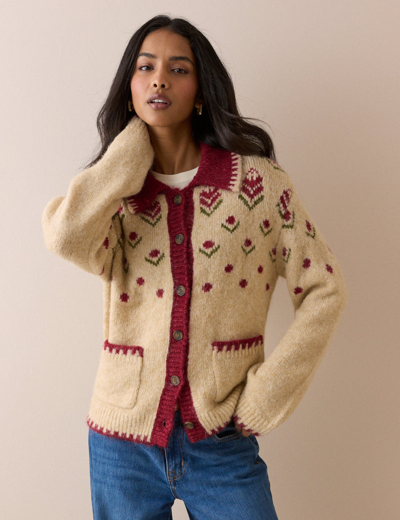 Beige and Red Floral Knitted Jacket