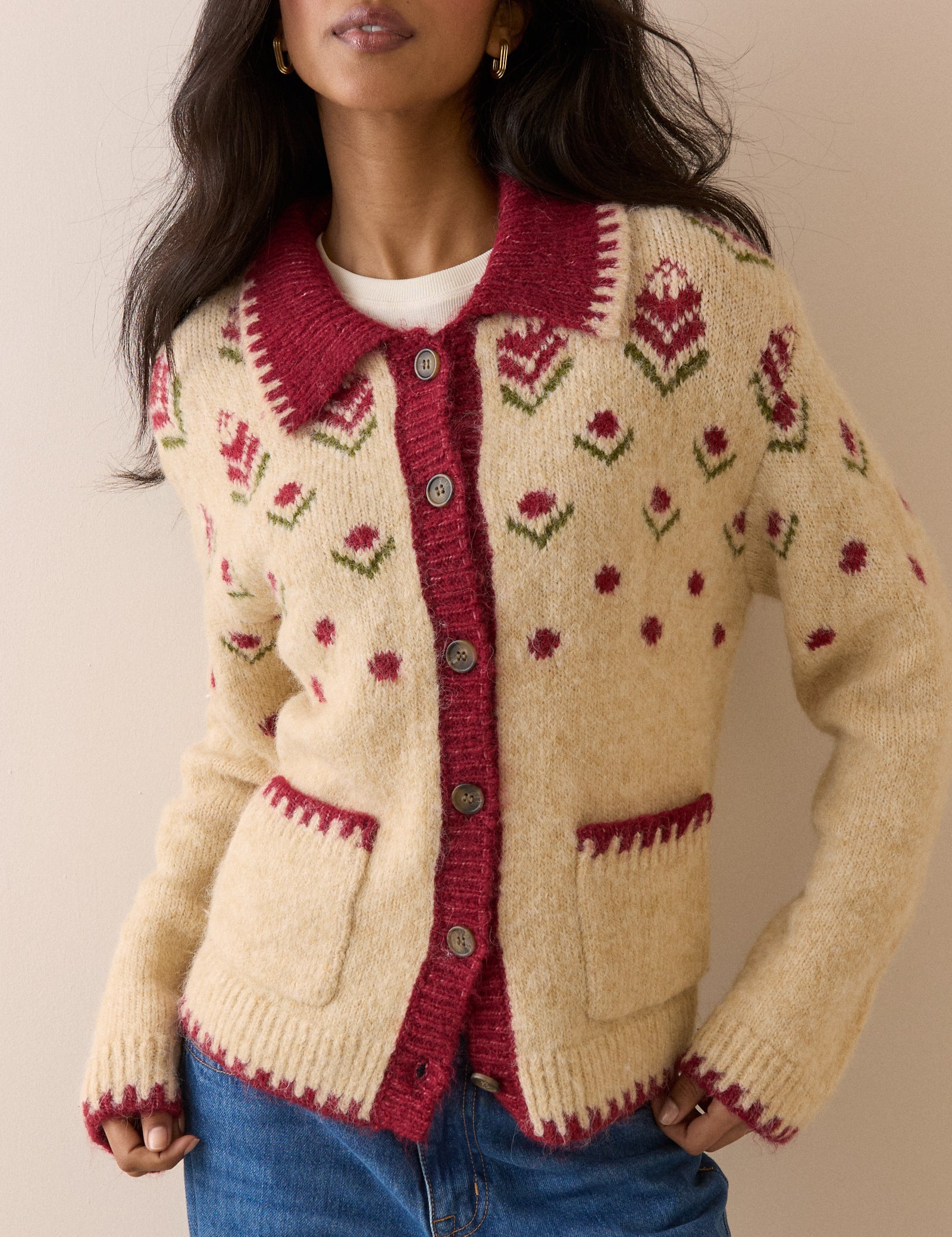 Beige and Red Floral Knitted Jacket