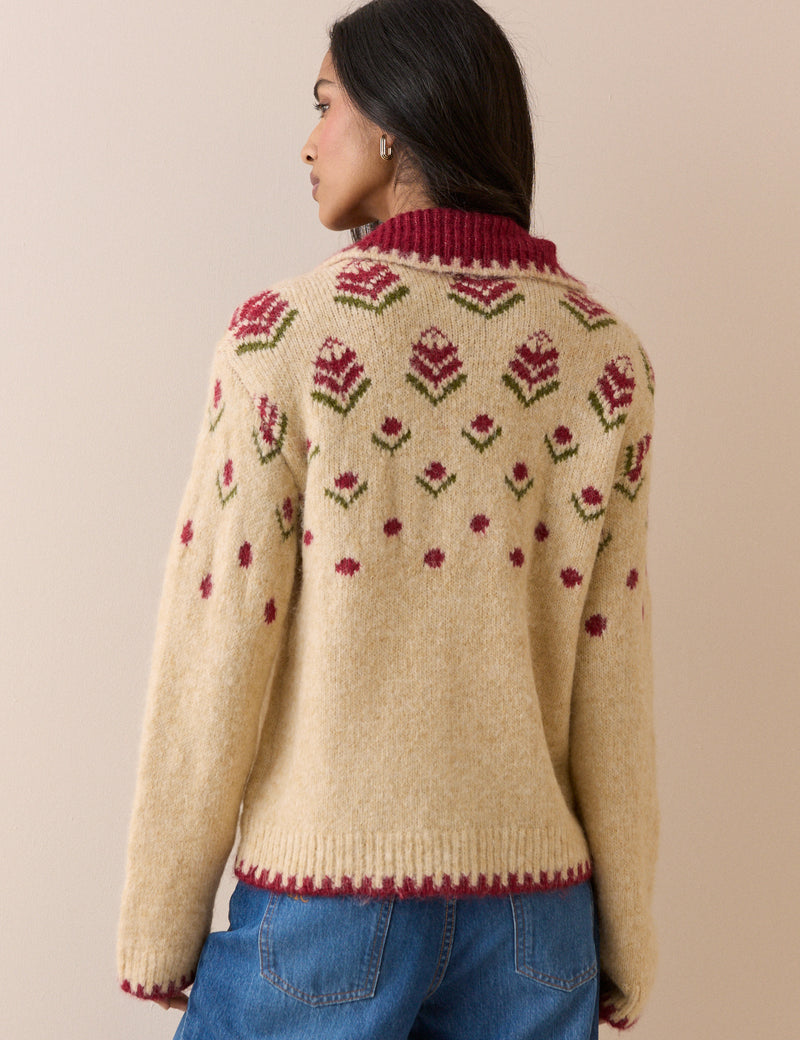 Beige and Red Floral Knitted Jacket