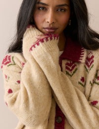 Beige and Red Floral Knitted Jacket
