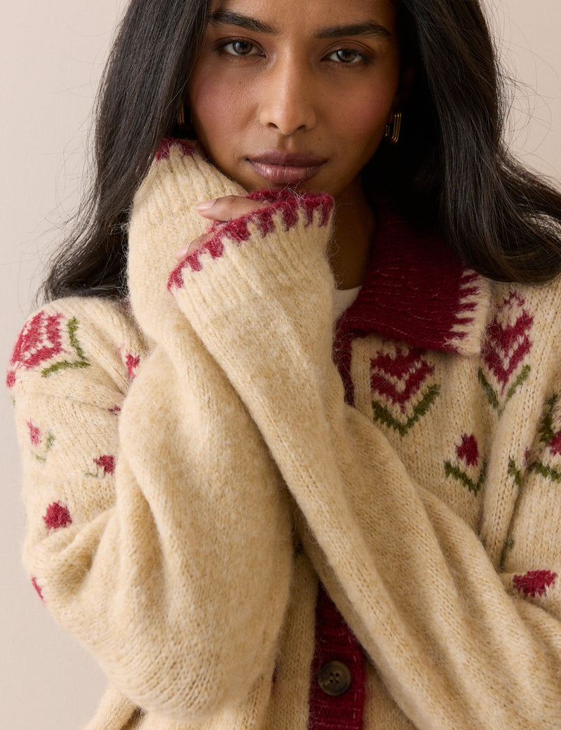 Beige and Red Floral Knitted Jacket