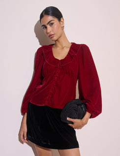 Red frill collar velvet blouse with long sleeves