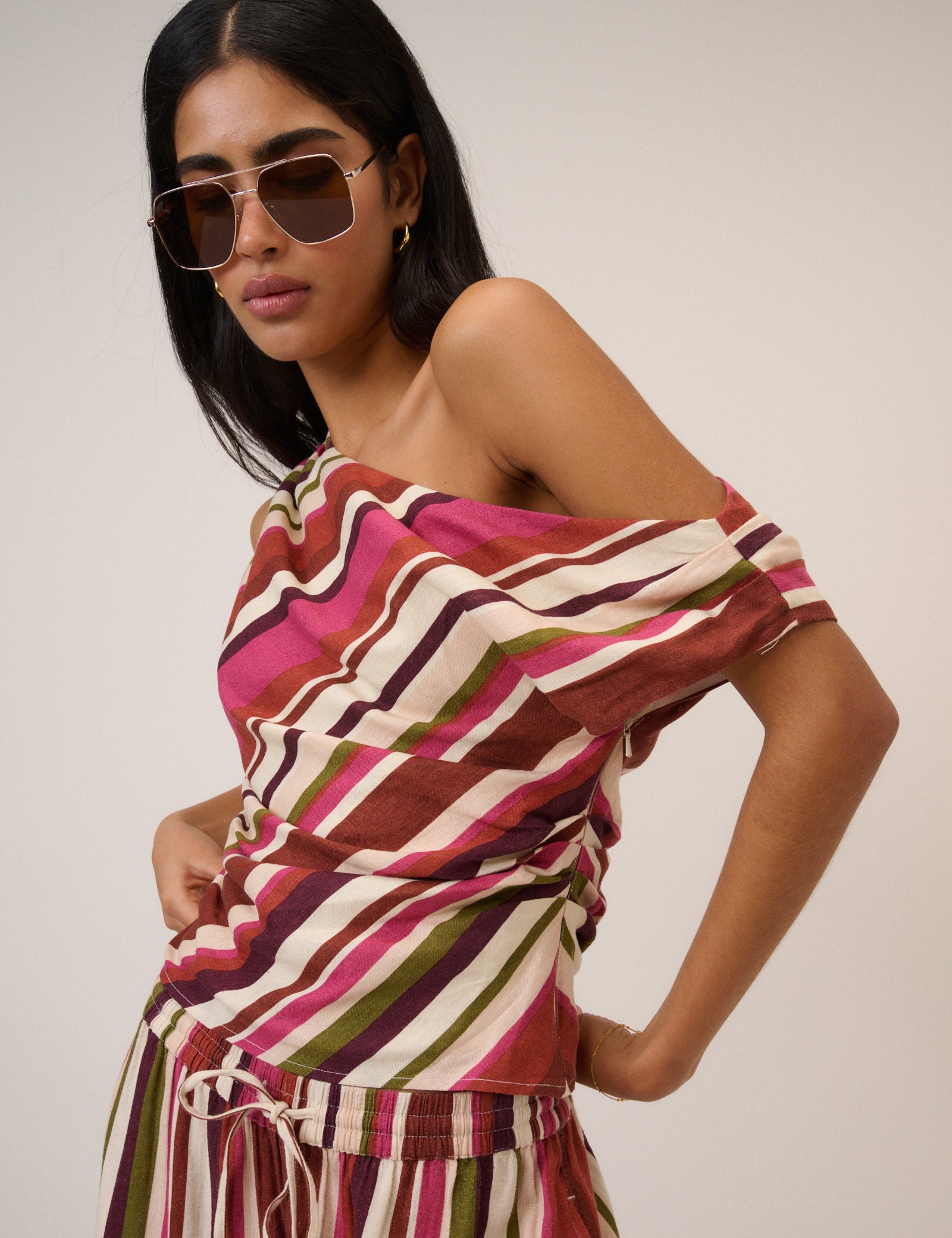Multi-Coloured Striped Linen-Blend One Shoulder Top