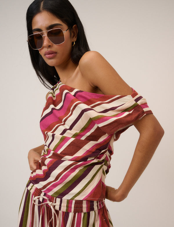 Multi-Coloured Striped Linen-Blend One Shoulder Top