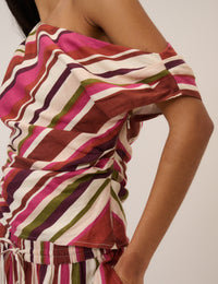 Multi-Coloured Striped Linen-Blend One Shoulder Top