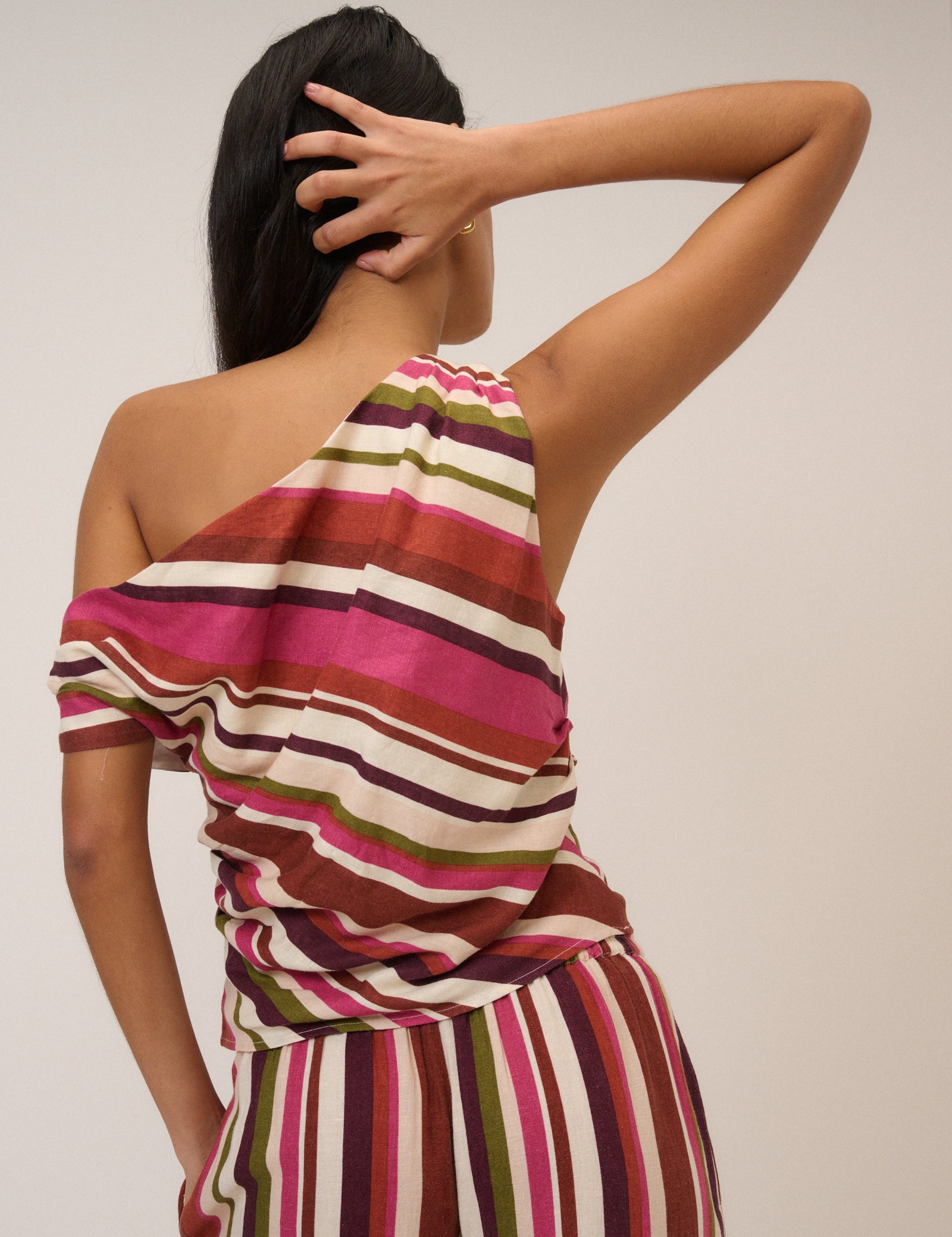 Multi-Coloured Striped Linen-Blend One Shoulder Top
