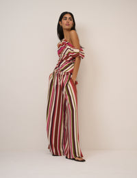 Multi-Coloured Striped Linen-Blend One Shoulder Top